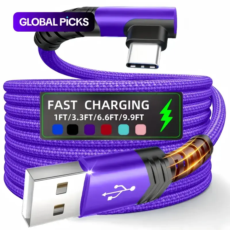 USB-C Cable 90 Degrees, USB A to USB-C Right Angle Nylon Braided Durable Fast Charging Cable for iPhone 16 Pro Max, iPad Air 6, Huawei, Oppo and Xiaomi #GLOBAL PICKS