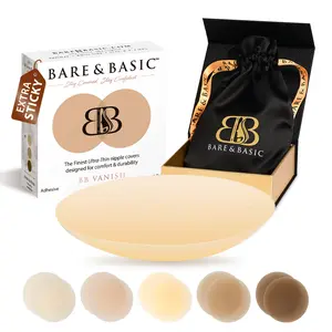 Bare & Basic Sticky Nipple Covers - Reusable Food Grade Silicone Seamless Adhesive Nip Covers, Matching 5 Skin Tones Invisible Nip Pasties - Perfect for Womenswear Outfit- Travel Bag Included