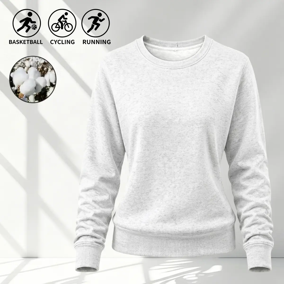 Women’s long-sleeve crewneck casual sweatshirt, a stylish, versatile solid-color minimalist athletic pullover. Available in multiple colors; suitable for wearing alone or layered, ideal for all seasons. Made from cotton fabric, machine washable.