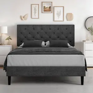 HOMBCK Bed Frame with Headboard, No Mattress, Soft Bed Frame, Wood Slats Support, Linen Fabric, Button Tufted Design, No Box Spring Needed