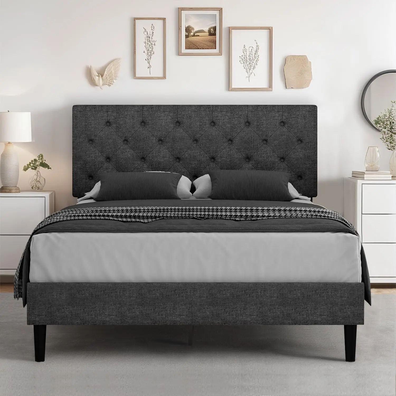HOMBCK Bed Frame with Headboard, No Mattress, Soft Bed Frame, Wood Slats Support, Linen Fabric, Button Tufted Design, No Box Spring Needed
