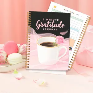 5-minute gratitude journal, with pink rose and coffee cup patterns, spiral-bound notebook, dedicated to brave and romantic admirers - brings more joy, affirmation, and mindfulness in a few minutes, with prompts and quotes