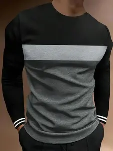 2026 Men's Regular Fit Colorblock Striped Print Crew Neck Long Sleeve Tee Casual Soft Jersey T-Shirt for Spring Fall Fitted Daily Wear, classic men top, everyday shirts, men summer top, casual button down
