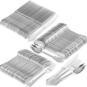 120 Piece Silver Color Cutlery Set, Durable Plastic Tableware, Perfect for Parties, Birthdays, Valentine's Day, Festive Events