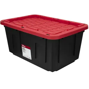 Hyper Tough Large Storage Bin, 27 Gallon Plastic Storage Container with Snap-On Lid, Black and Red
