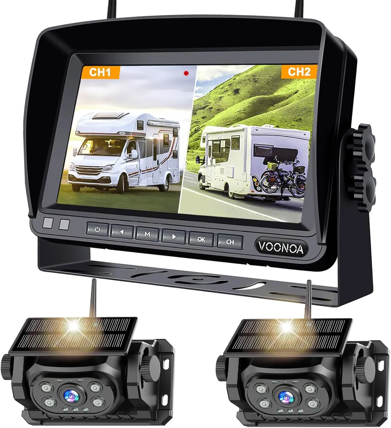 VOONOA Automotive Wireless Magnetic Multi-Camera Dashboard Video Surveillance Kit - 2 Units, 7in Display, 15000mAh Solar-Charging Battery, IP67 Waterproof, 1080p Resolution, Fast Charger, Cells, for Cars, Trucks, Dashboard Camera