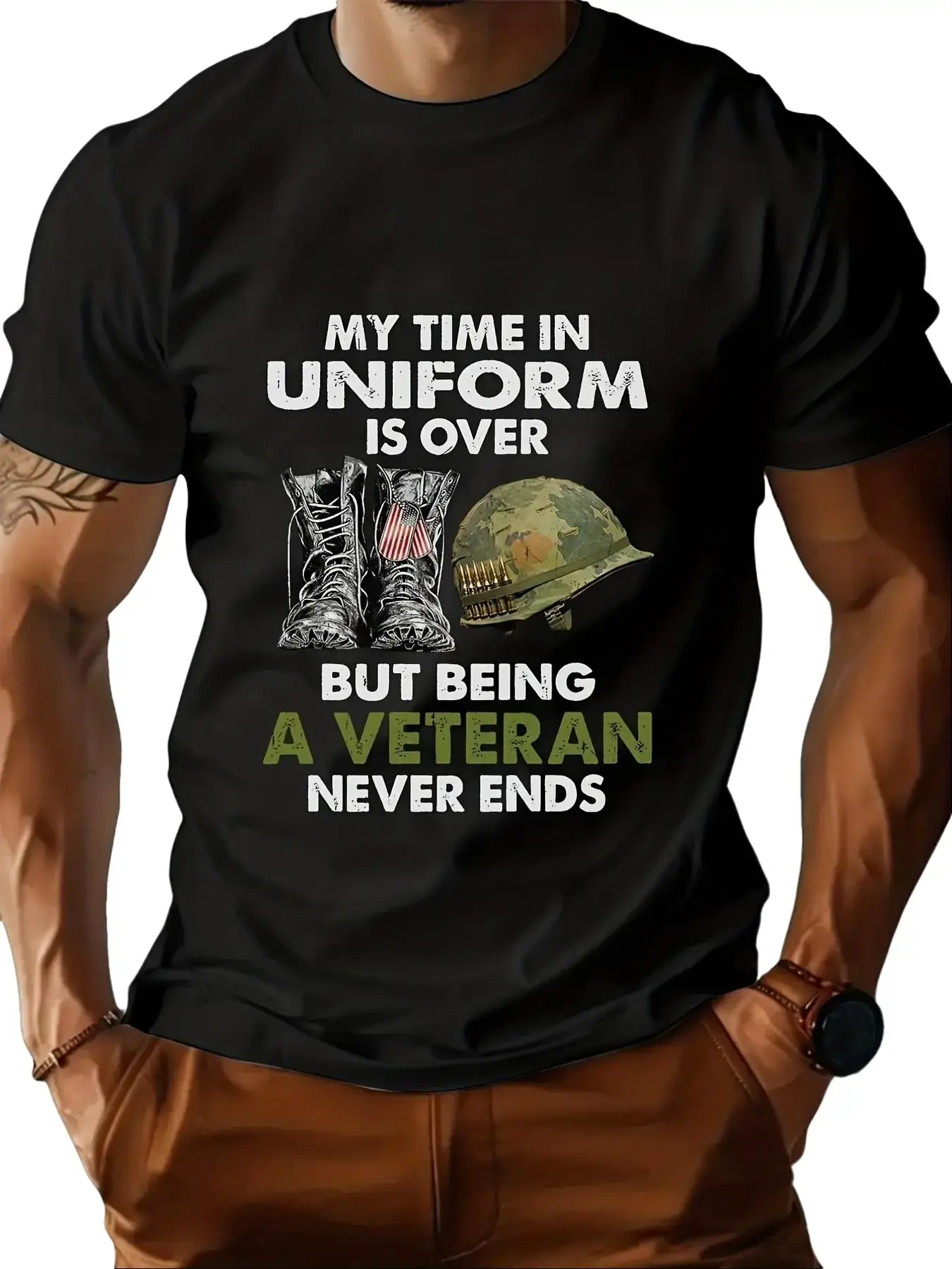 Men's Military Veteran T-Shirt - "My Time in Uniform is Over But Being a Hero Never Ends" Army Navy Air Force Marine Corps Insignia Design, Black with White Print, Casual Crew Neck Cotton Blend Tee for Veterans, Soldiers, Family Gifts Graphic Outfit