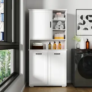 Laundry Cabinet with Doors and shelf, Tilt-Out Laundry Hamper, Multiple Storage Space, Freestanding Style, Open Shelve, Adjustable Shelf, White