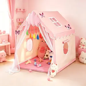 Bed Divider Canopy, Kids Fun Play House Tent, Pretend Play Tent with Pink & Blue Optional, Window and Curtain Design, Sturdy Iron Frame with Storage Bag, Portable Outdoor Secret Base for Role Play & Imagination, Party Decor for Birthday Christmas Hallowee