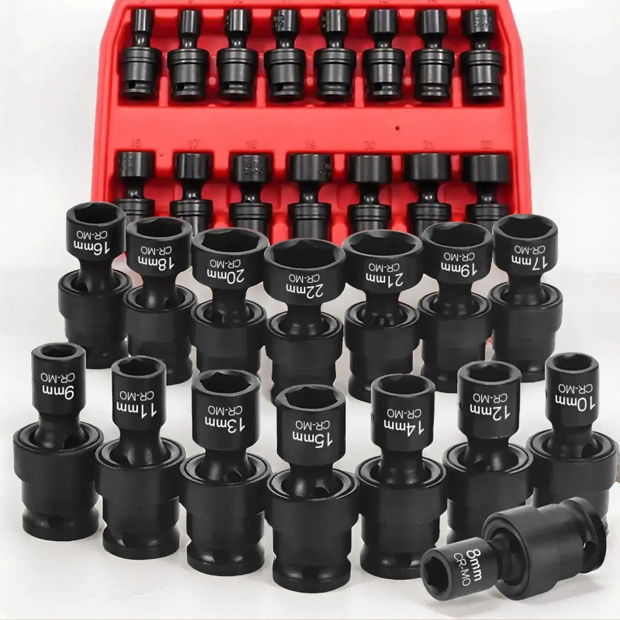 3/8" Drive Shallow Universal Impact Socket Wrench Set, 1 Set 6 Point, Metric, 8-22mm, Cr-mo, Swivel Socket with Flexible Wobble Function, Drive Socket