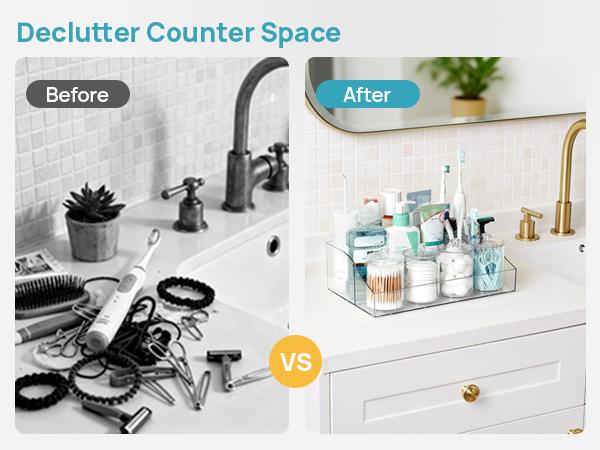 Vtopmart 6 PCS Bathroom Countertop Organizer, 1 Divided Tray with 4 Qtip Holder Jars and 1 Drawers, Restroom Clear Organizers for Toothbrush, Cotton Pads, Vanity Accessories Storage Set, DealsForYouDays (Mid Year Sale Restock), Home Decor, DFYD