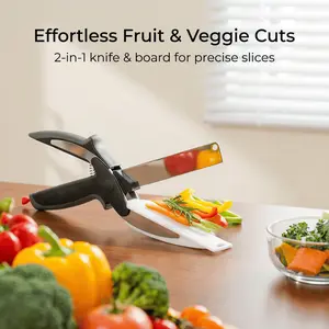 2 in 1 Kitchen Scissors for Food – Stainless Steel Blade & Plastic Cutting Board Scissors with Safety Lock | 9.5" Tomato Knife, Fruit & Vegetable Cutter – Easy-to-Use Kitchen Shears for Meat, Cheese
