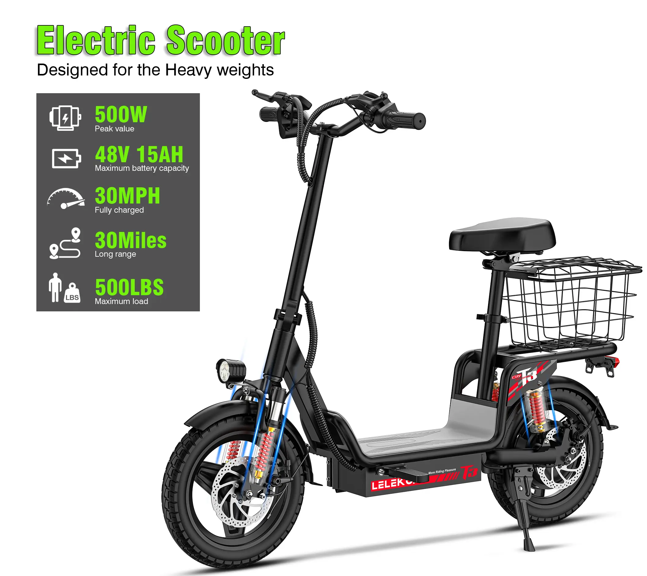 T3-Youth 500W Adult Electric Scooter - 48V 15AH, 20MPH, Foldable with Basket - Ideal for Shopping, Commuting