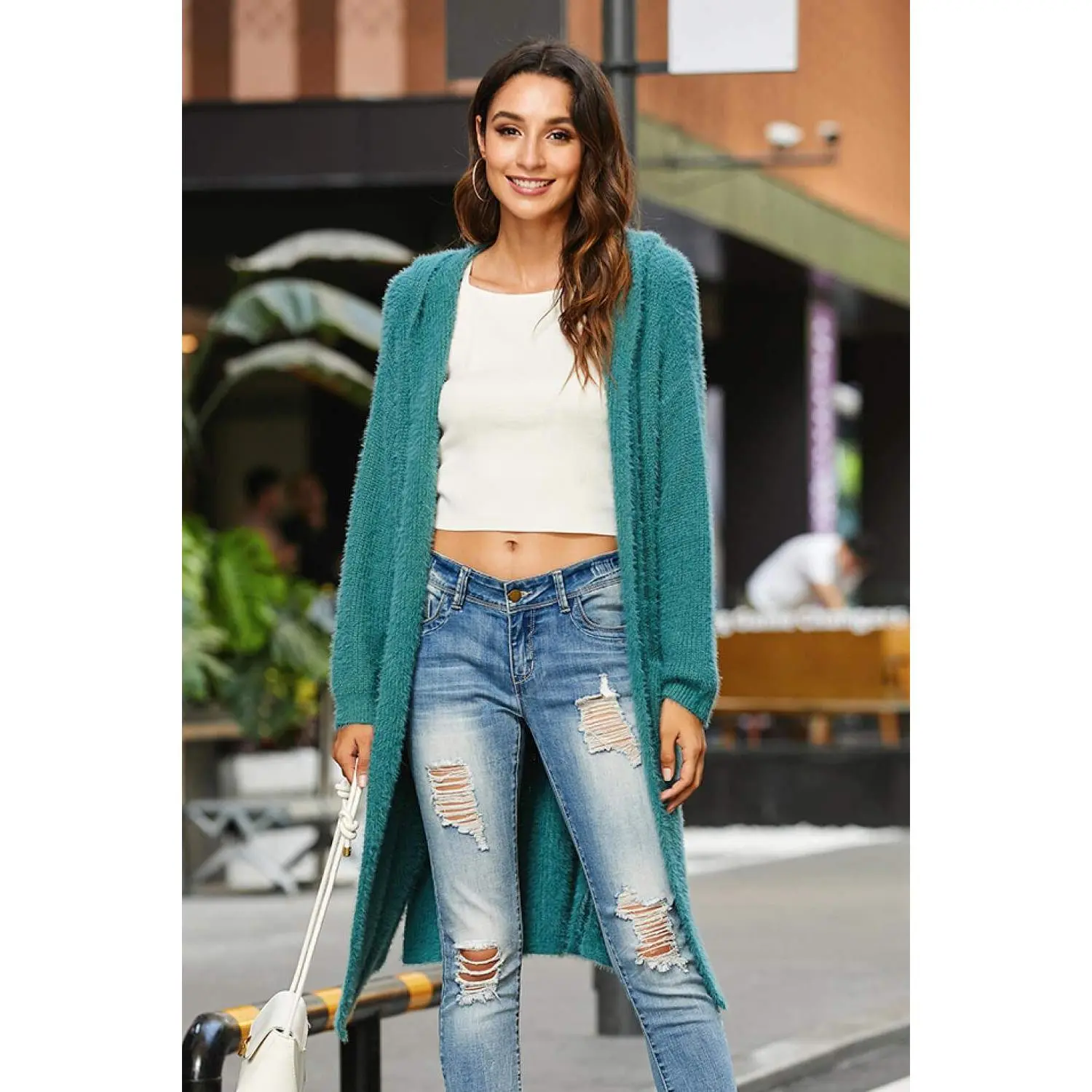 Open Front Long Sleeve Slit Hooded Cardigan