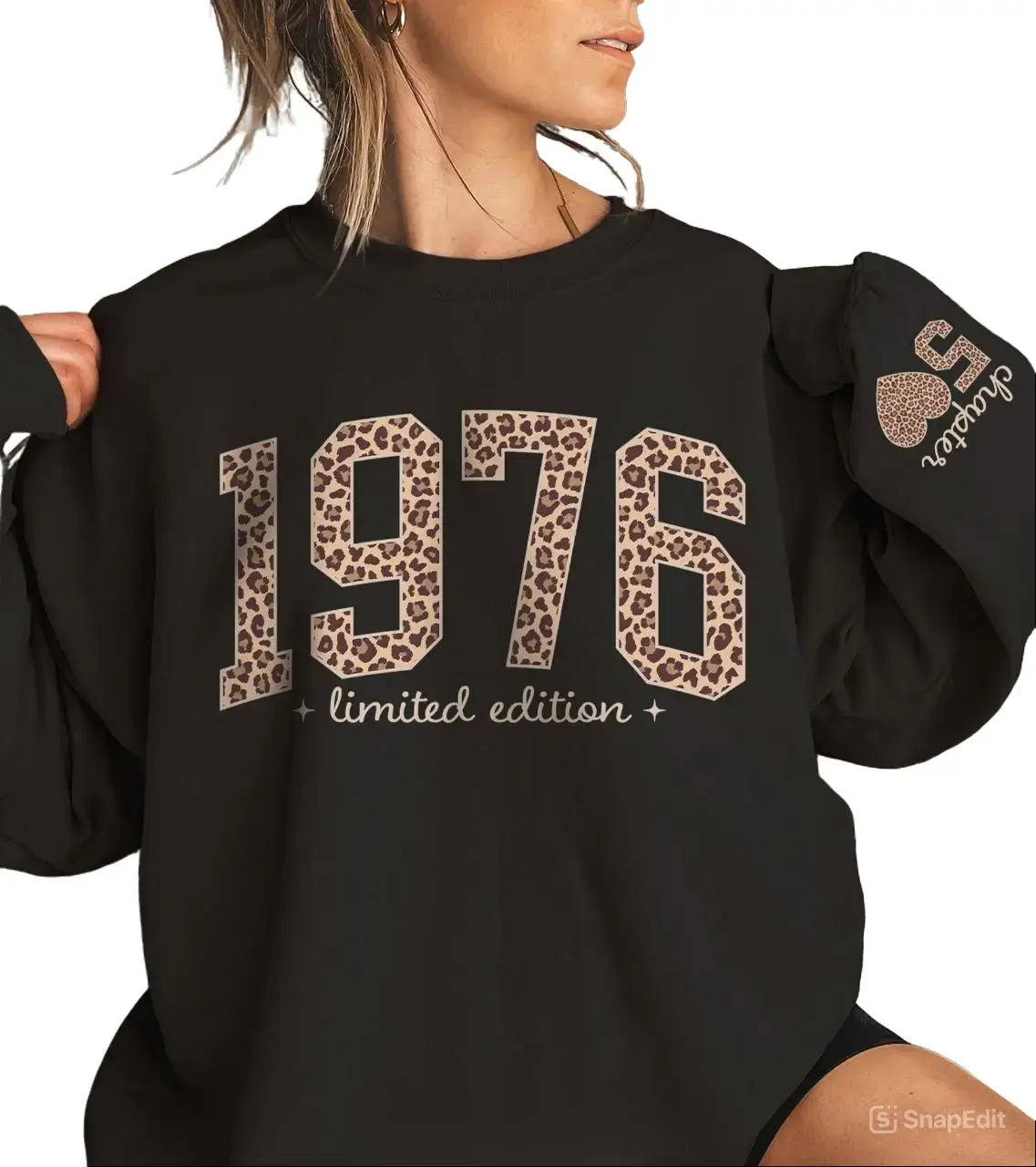 1976 Limited Edition Sweatshirt & Hoodie, Leopard 50th Birthday Print Graphic Crewneck with Sleeve Design, Vintage Birthday Shirt, Fiftieth Sweater, Best Friend Bday Gift For Her