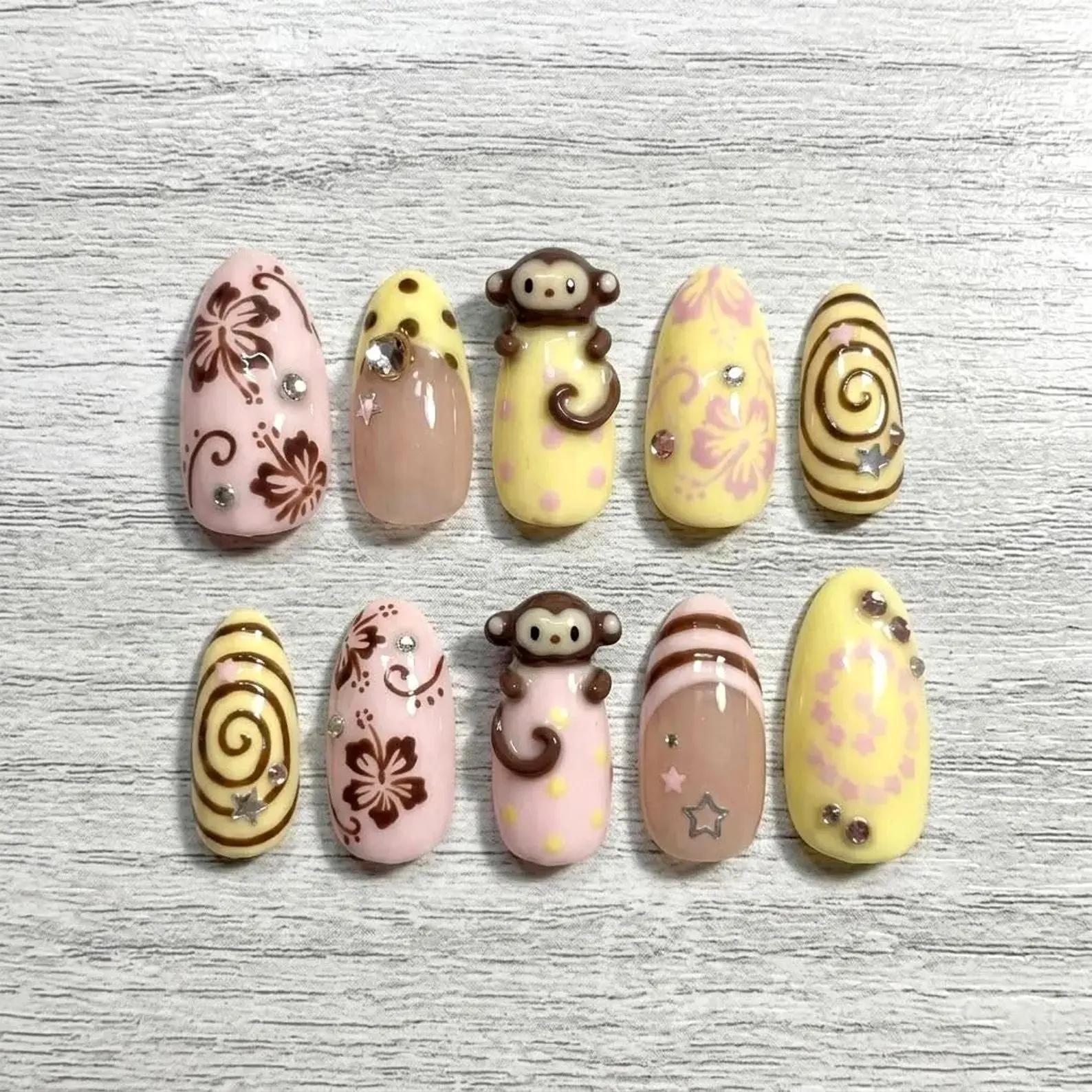 Y2K Retro Tropical Press On Nails with Polka Dot, 3D Monkey & Brown Hibiscus Flower, Medium Almond Handmade Fake Nails