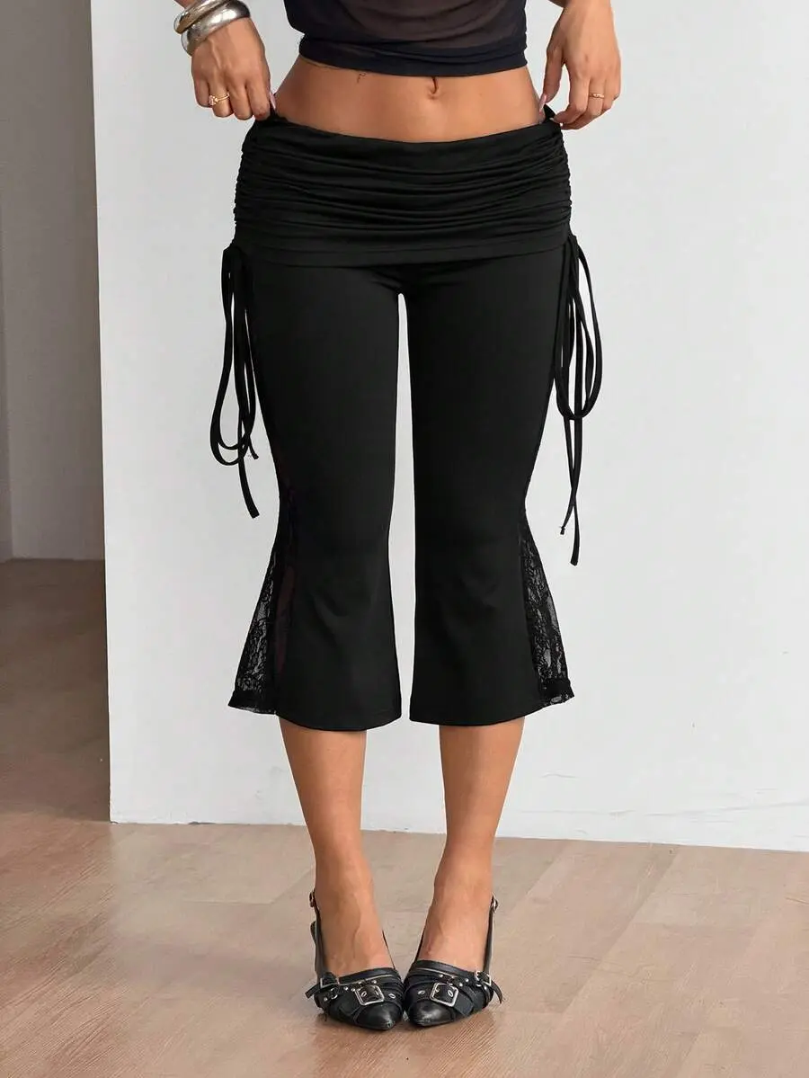 Women's Black Lace Side Splice Vacation Sexy Waist Drawstring Capri Pants