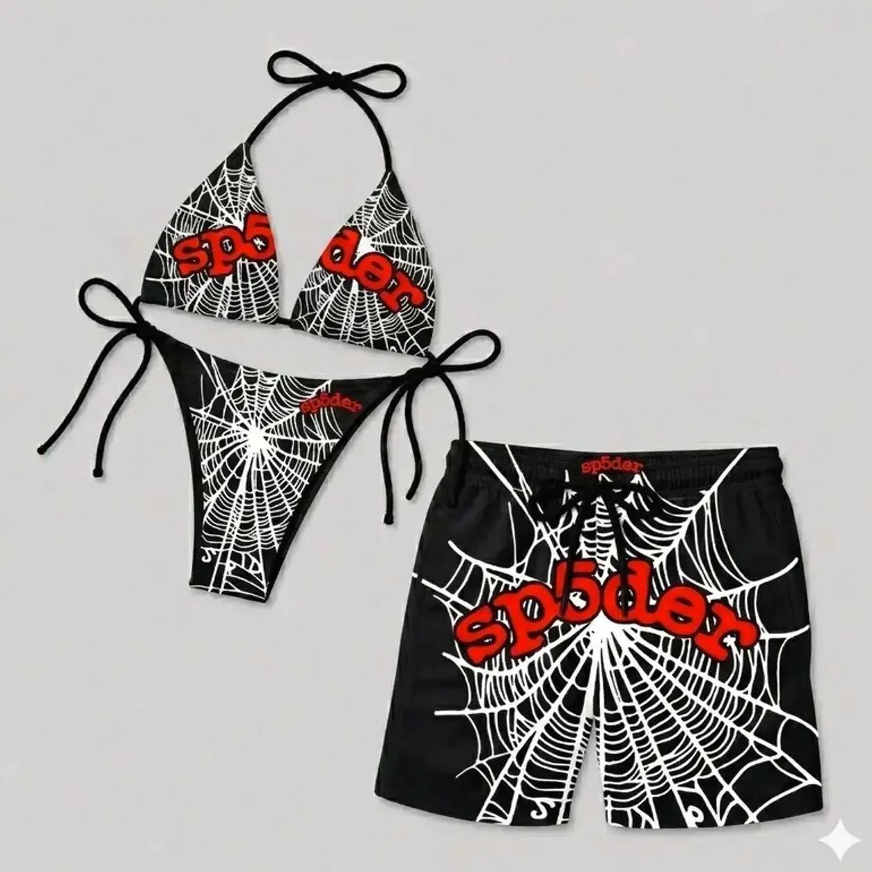 Couples Matching Spider Web Swimwear Set – Y2K Goth Bikini and Men’s Beach Shorts for Vacation & Pool Party