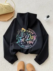 Halloween Skull Skeleton Gradient Print Women's Fall Winter Warm Knitted Hoodie, Kangaroo Pocket Casual Daily Wear, Loose Fit Korean Style Sweatshirt