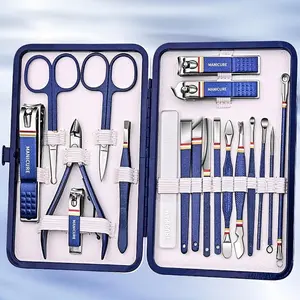 Stainless Steel Nail Care Set, Luxury Manicure & Pedicure Kit with Clippers Scissors Beauty Tools, Blue Handle, Portable Travel Case
