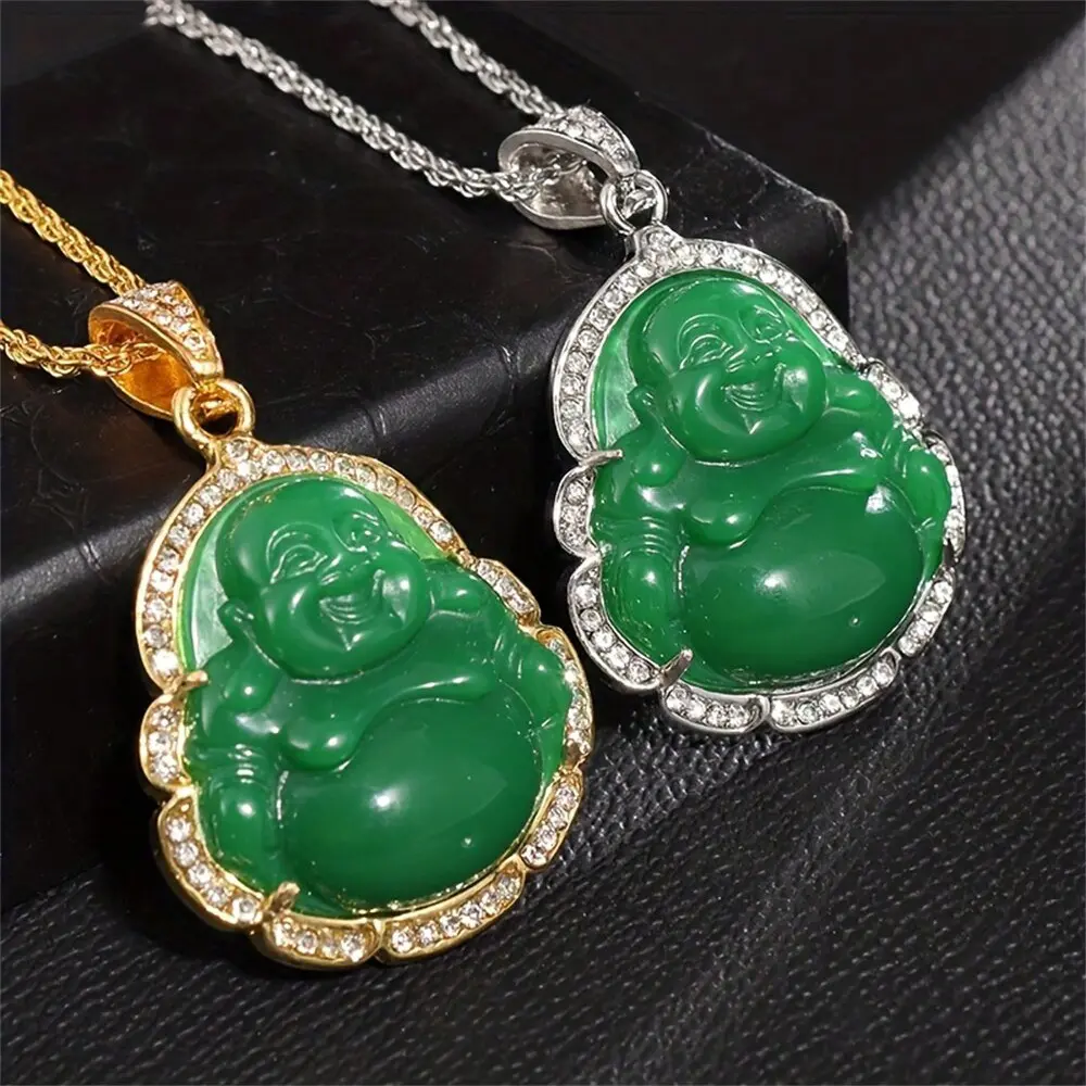 MaxBling81 Religious Jade Buddha Necklace, 22mm CZ Pendant, Gold-Plated Stainless Steel 3mm Rope Chain, 18"/20"/24" Length, Meaningful Gifts for Men & Women