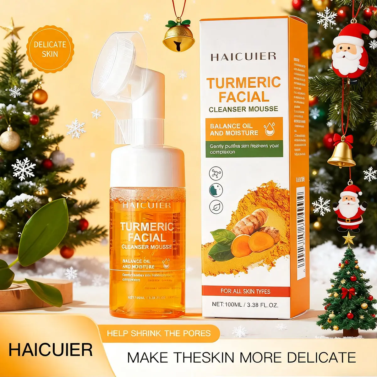 Turmeric Cleansing Foam Facial Cleansing Product with Soft Silicone Massage Brush Head, Safe for Pregnant Women, Gentle Oil Control Deep Cleaning, Turmeric Facial Wash, Turmeric Face Wash, Turmeric Mousse Cleanser, Foaming Cleanser