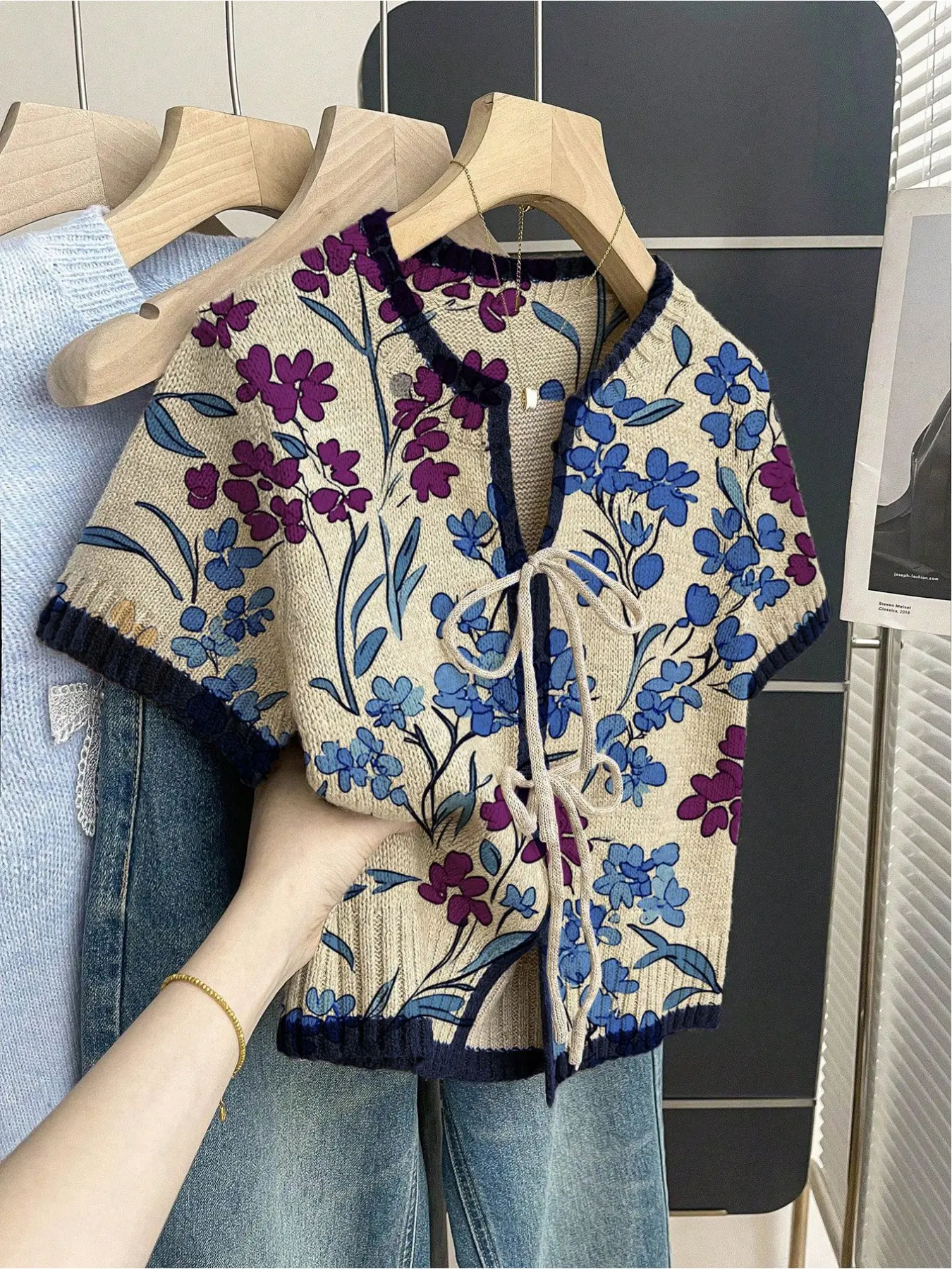 Women's khaki bohemian vacation short-sleeve knit top. Loose round neck, contrast small floral print, front tie and contrast piping. Comfortable for spring & summer casual wear.