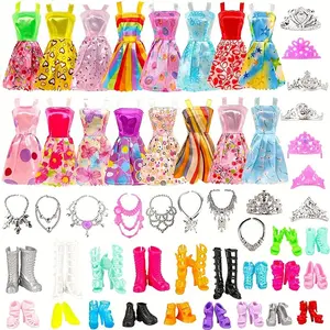 32 pieces clothes for dolls clothes and accessories (10 stylish random dresses + 10 random pairs of shoes + 6 necklaces + 6 crowns) for 11" dolls