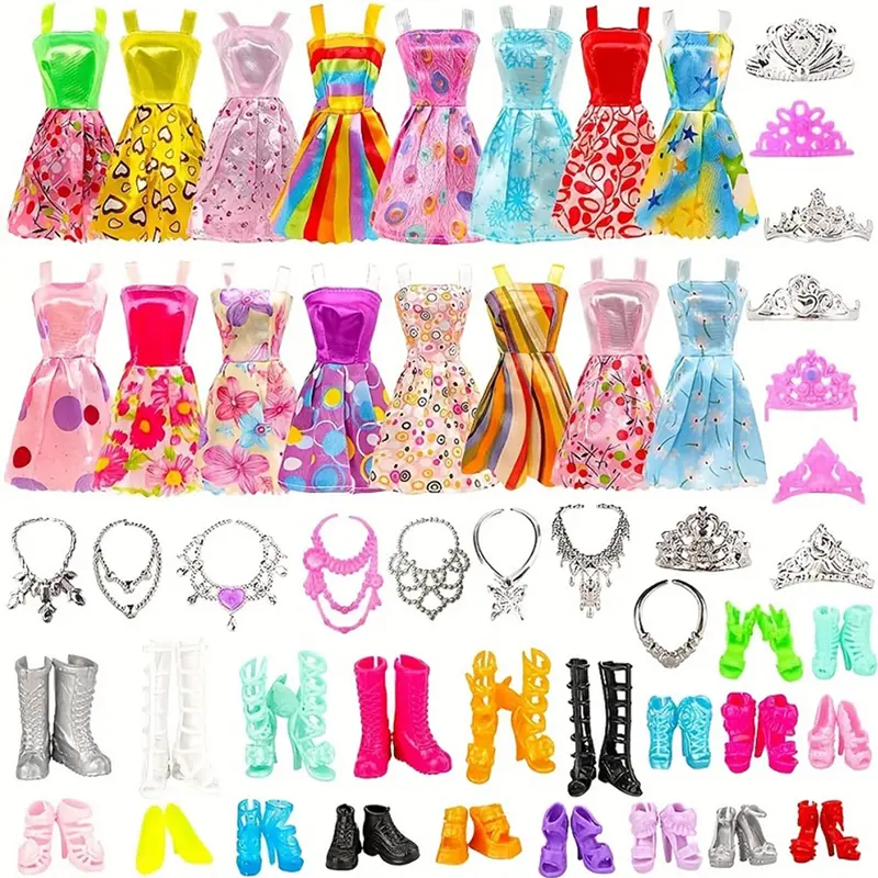 Doll Clothing Set for 11 Inch Dolls (32 Pieces) - 10 Random Dresses, 10 Shoe Pairs, 6 Necklaces, 6 Crowns, Elastic Fabric, Easy On/Off, Handmade Details, Mix & Match Fun, Role Playing Accessory, Ideal Birthday Gift