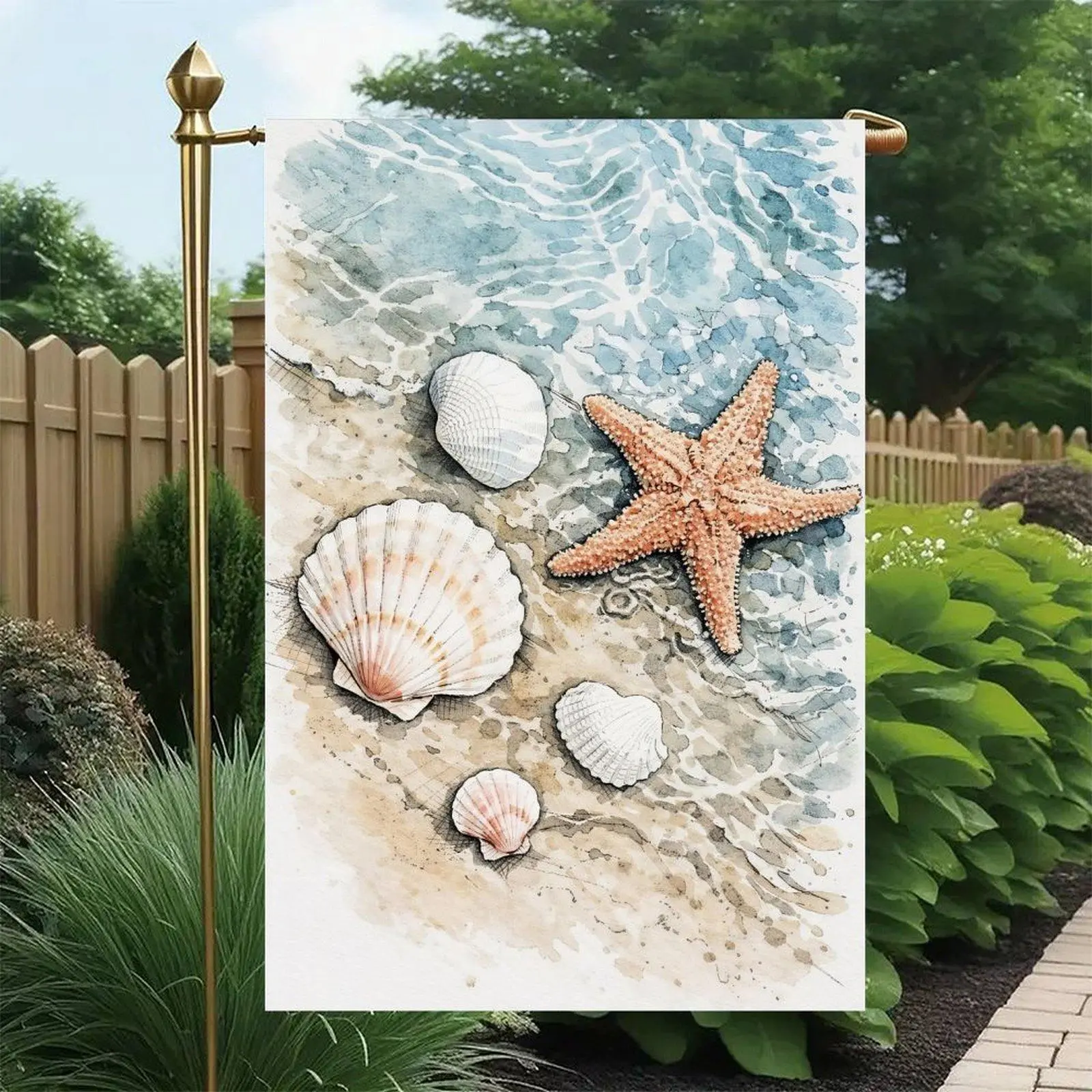Vintage Sketch Beach Starfish Scallop Seashell Clear Ocean Wave Neutral Coastal Garden Flag Double-Sided 12x18in, Rustic Seaside Farmhouse Lawn Banner