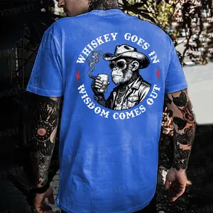 Monkeysober Whiskey Goes In Wisdom Comes Out Monkey T-shirt Fitted Short Sleeve Crew Neck Casual Summer 100% Cotton USA Made Tagless Design Cotton Menswear Tops