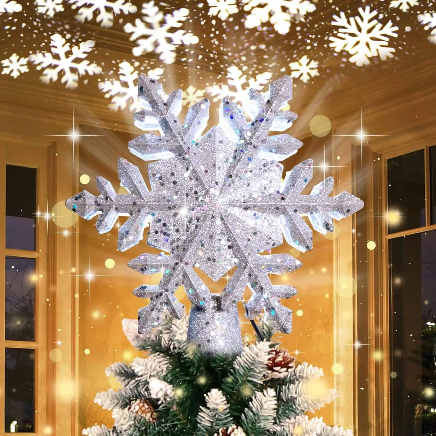 Snowflake Christmas Tree Topper with Rotating Projector Light for Xmas Tree | 3D Hollow Glitter LED Lighted Christmas Tree Decorations, Magic Ceiling Snowfall Effect, Glitter Silver Snowflake Design