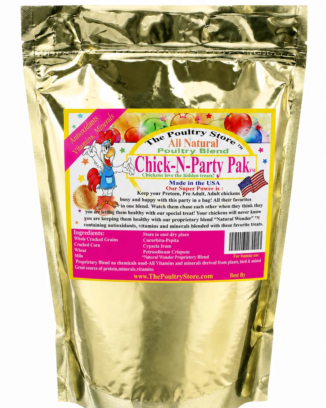 Chick N Party Pak supporting your chickens naturally. All around Natural treat that supports deworming, feather growth, blood flow and much more naturally