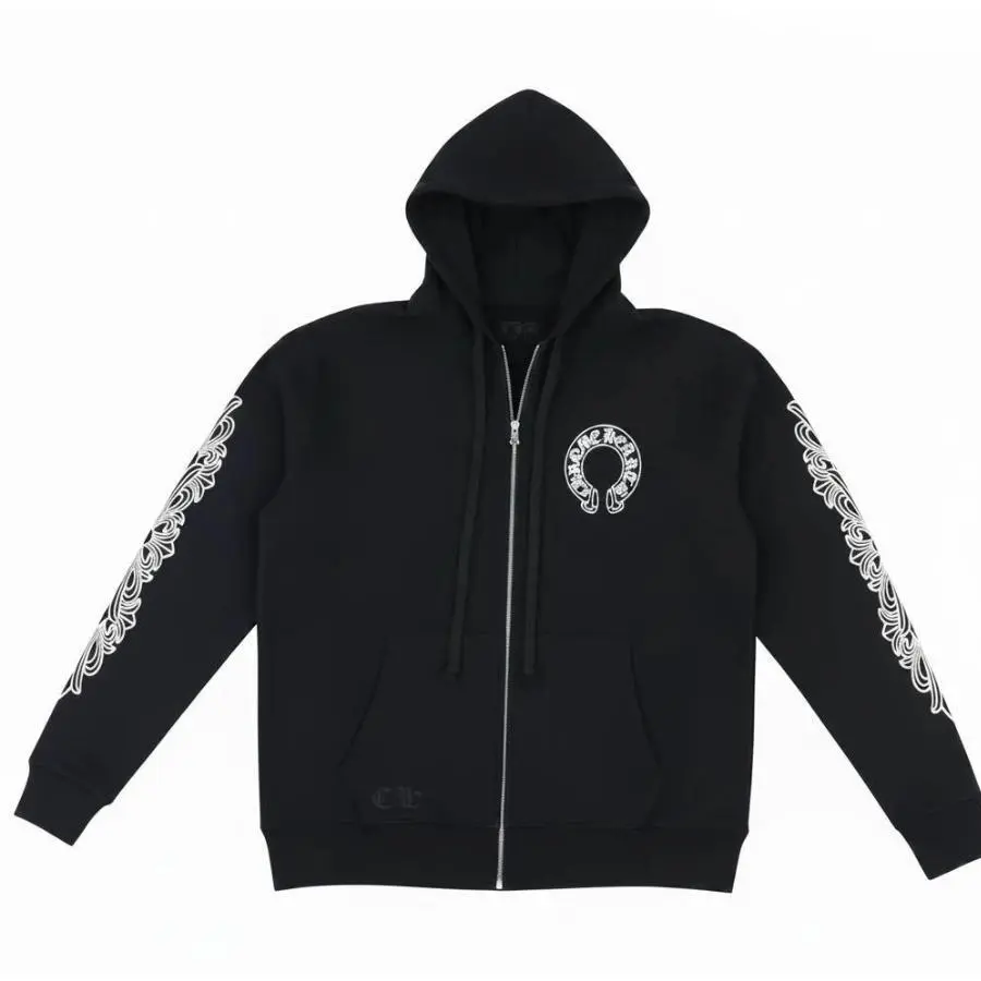 Gothic Floral Sleeve Graphic Full Zip Hoodie – Heavyweight Oversized Casual Loose Fit Jacket, Streetwear Hoodie for Men & Women