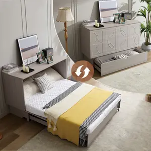 Cabinet Bed with Storage, Queen Bed, Folding Foam Mattress & Oversized Drawers, Murphy Bed, Set of Sockets & USB Ports, Space-Saving Folding Murphy Bed