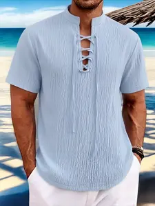 Men's Plain Linen Henley Shirt, V-Neck Tie Short Sleeve Loose Fit Casual Stand Collar Top, Casual Summer Linen, Country Summer Shirt, Trendy Four Seasons Bestseller