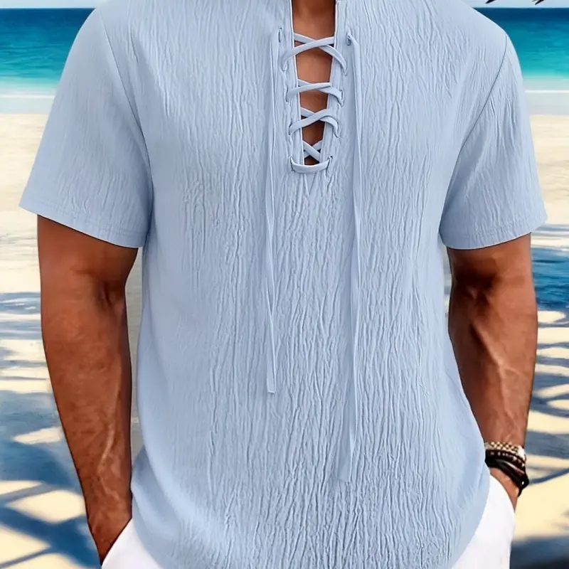 Men's Plain Linen Henley Shirt, V-Neck Tie Short Sleeve Loose Fit Casual Collared Stand Collar Top, Casual Summer Linen, Country Summer Shirt, Trendy Four Seasons Bestseller, Casual Henley Shirts