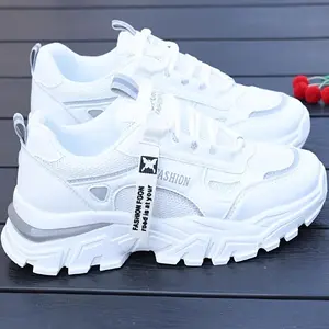 Women’s white sneakers — stylish low-top lace-up with a mesh upper, breathable fabric insole, and durable PVC sole for casual and sporty wear; casual footwear; trendy sneakers; mesh-upper sneakers