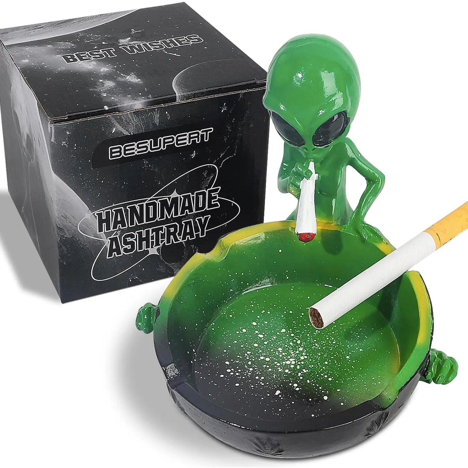 Handmade Glossy Handpainted Resin Ashtray Box - Cute Fantasy Design for Cigarettes & Cigars, Room Decor Tabletop Ornament, Holiday Gift for Smokers, Indoor/Outdoor Home Supplies (Green, Father's Day Eligible), Small