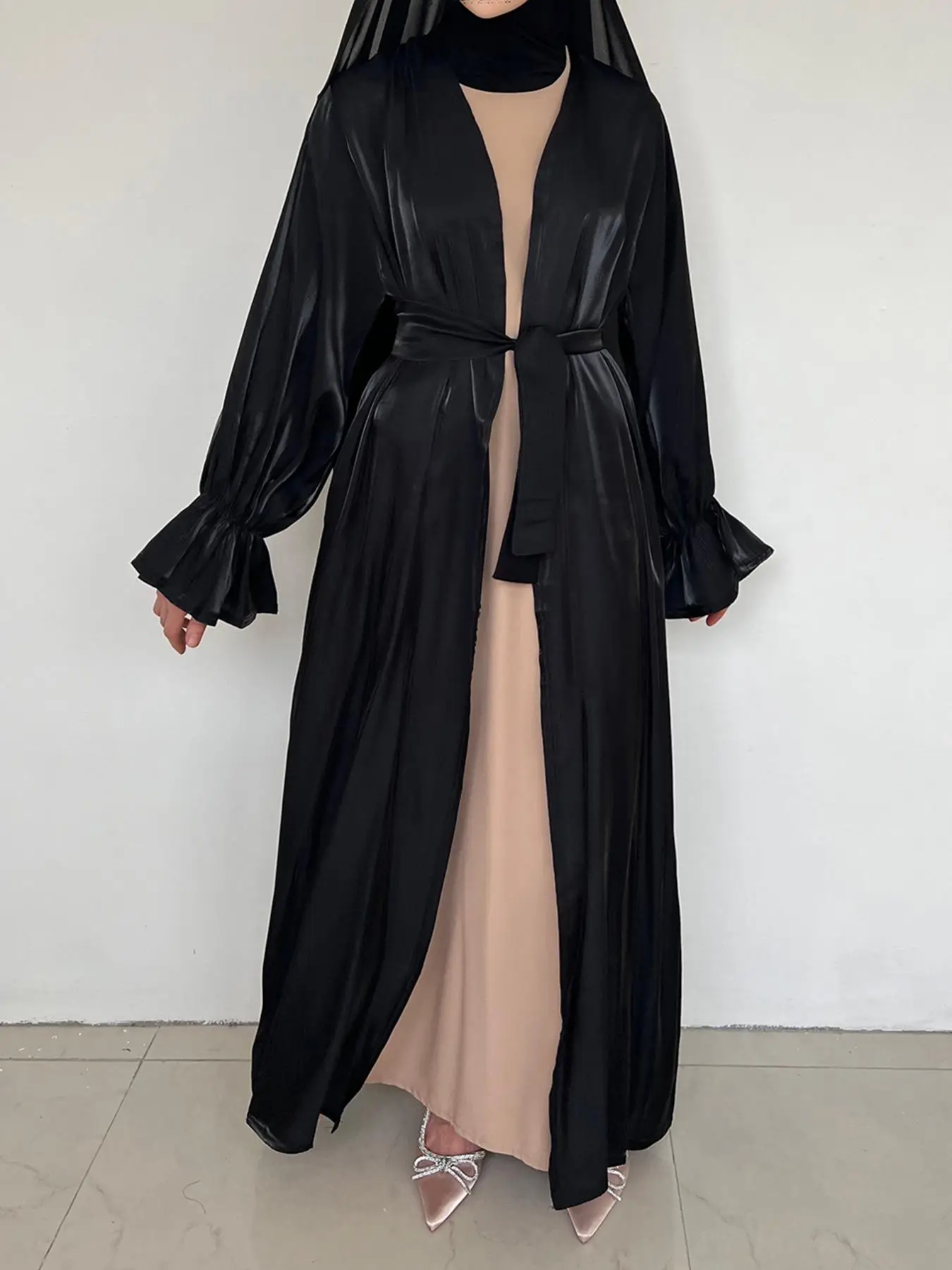 Arabic Clothing-Solid Color Belted Tie Front Abaya, Elegant Casual Bishop Long Sleeve Abaya, Women's Islamic Clothing for Spring & Fall