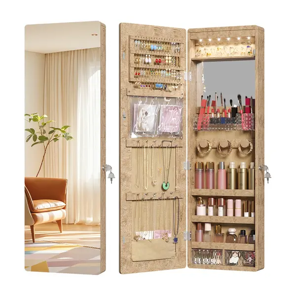 Vlsrka Over the Door Jewelry Organizer with Mirror Door Mirror with Storage | Jewelry Mirror Cabinet with Large Capacity, 6 LED Lights,Velvet Lining, Space-Saving for Bedroom, Cloakroom, Gift Women Girls