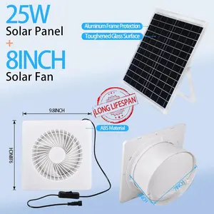 Solar Exhaust Fan for Shed 25W Panel 8'' Greenhouse 2600 RPM AC DC Adapter Portable Ventilator with Adjustable Bracket & Long Life Span