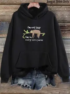 Women's Sloth & Letter Print Drop Shoulder Hoodie, Fashion Casual Drawstring Pocket Hooded Sweatshirt for Daily Holiday Outdoor Wear, Women Clothing for Fall & Winter