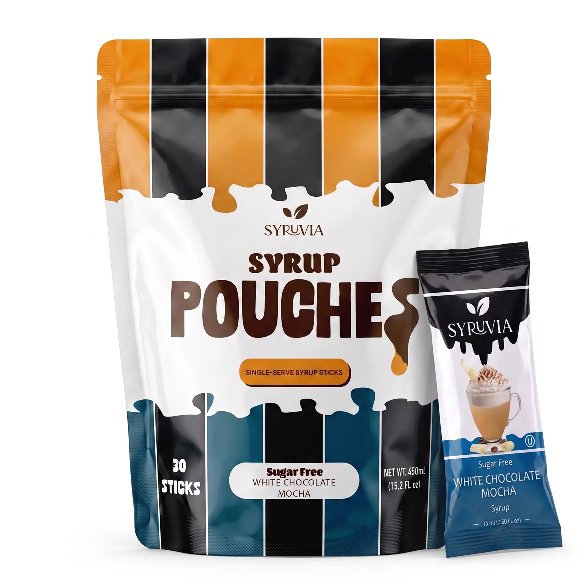 Syruvia Sugar Free White Chocolate Mocha Syrup Pouches, Coffee Syrup Sticks for Coffee, Tea, Lattes & Desserts, 30 Count (15 mL Each)