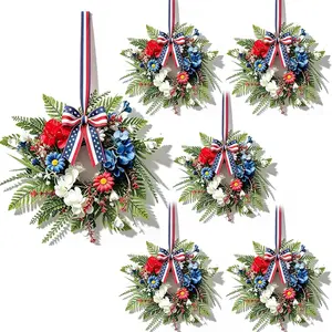 6 Pcs Small 4th of July Hanging Wreaths for Cabinets with Red Blue White Daisy Artificial Hydrangea Flowers Mini Independence Day Candle Rings Wreath for Home Kitchen Front Door Window Porch Wall