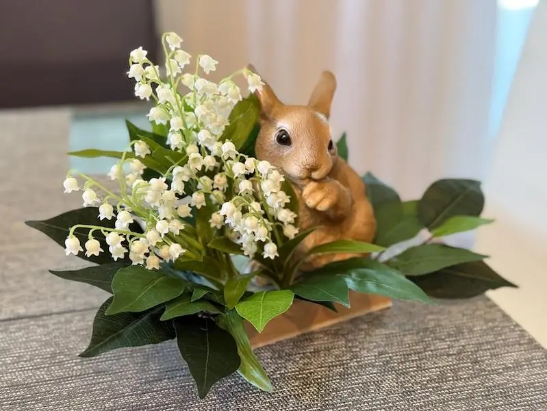 Spring centerpiece for dinning table, Easter bunny centerpiece, Lilies of the valley arrangement, Easter floral arrangement, spring decor