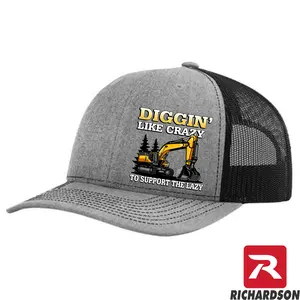 Richardson 112 Snapback Hat Diggin' Like Crazy to Support the Lazy Excavator Gray & Black Mesh Trucker Cap Cotton Adjustable Fit
