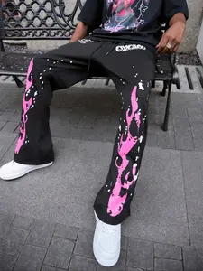 Men's Casual Letter Print Drawstring Waist Pants, Sporty Joggers with Flame Leg Design, Perfect Gift for Boyfriend