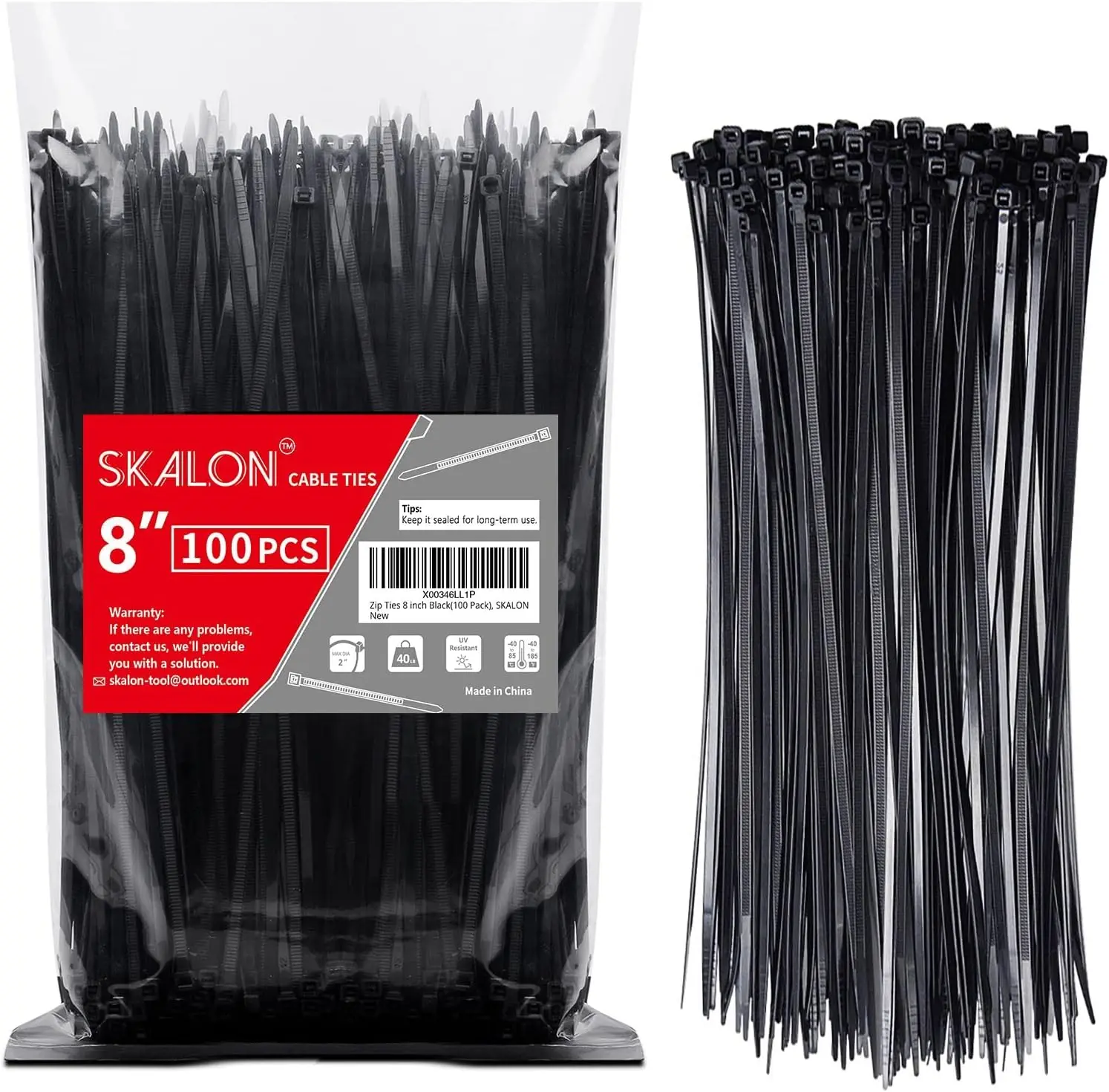 Zip Ties 8 inch (100 Pack), 40lbs Tensile Strength, Black Cable Ties, Wire Ties for indoor and outdoor use,