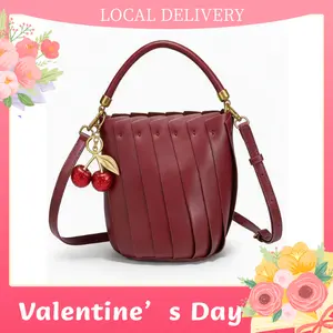 【Valentine's Day Gift 】Genuine Leather Bucket Bag for Women, Top Handle & Adjustable Crossbody Strap, Burgundy Handbag with Cute Pom-Pom Charm, Stylish Gift